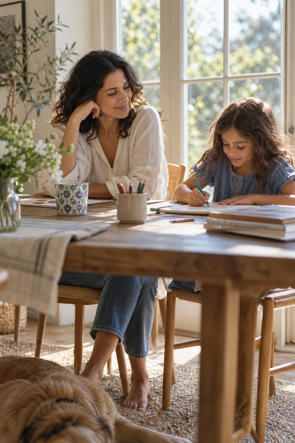 Illustrative family photograph of a mother spending a quiet afternoon with her daughter