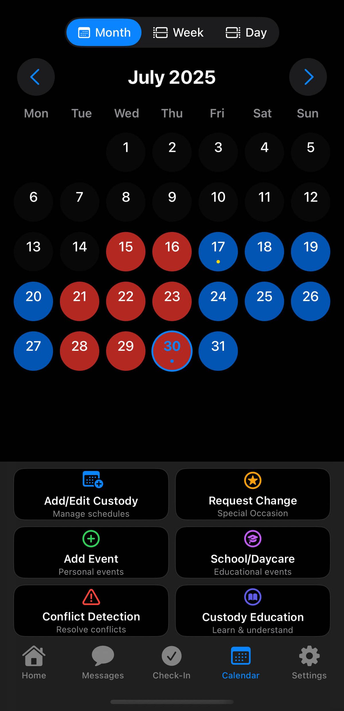 ClearPath custody calendar showing shared parenting schedule and event management