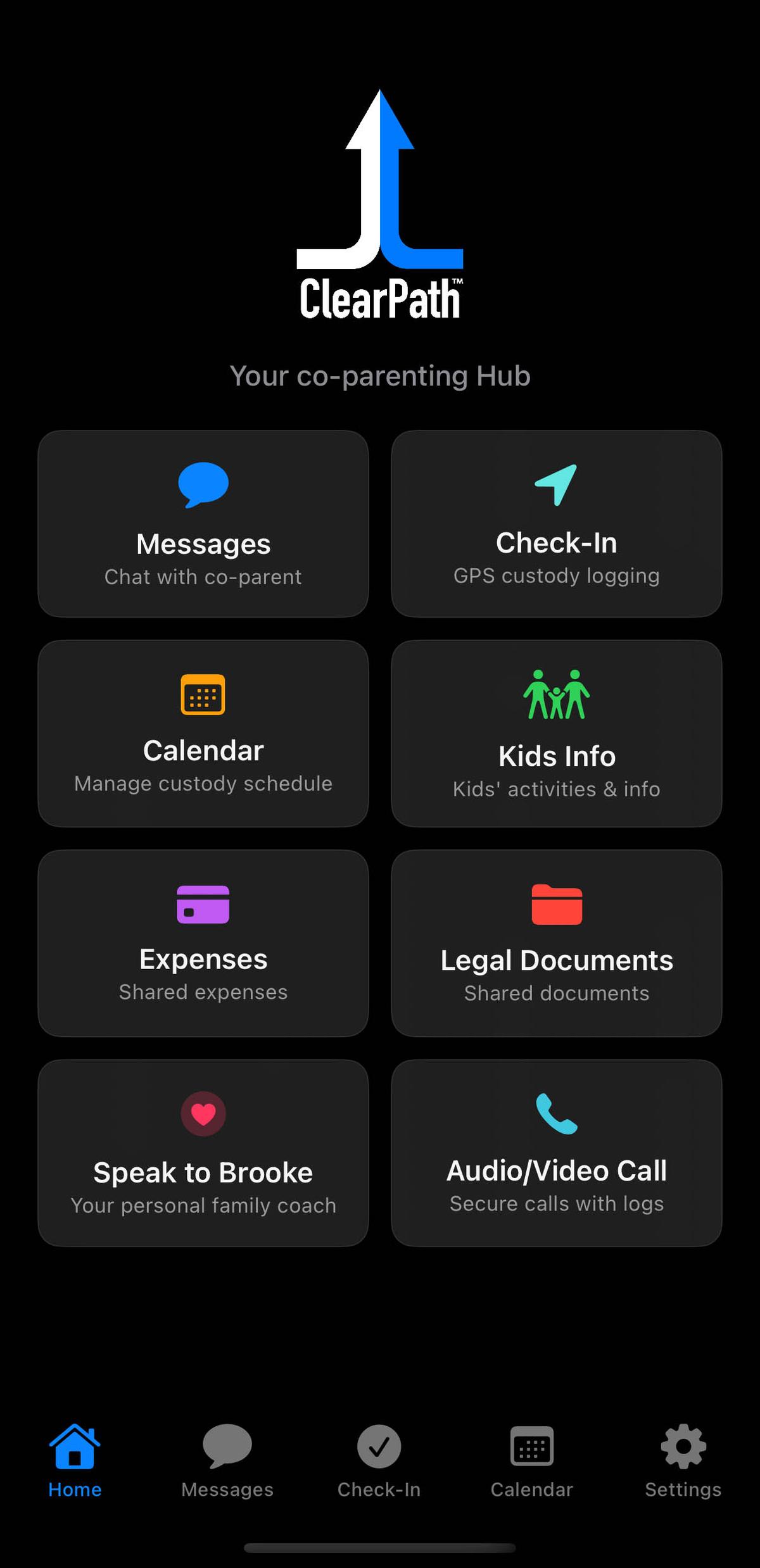 ClearPath main dashboard showing key features and navigation for co-parenting